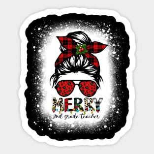 Merry 2nd Grade Teacher Messy Bun Merry Christmas Bleached Sticker